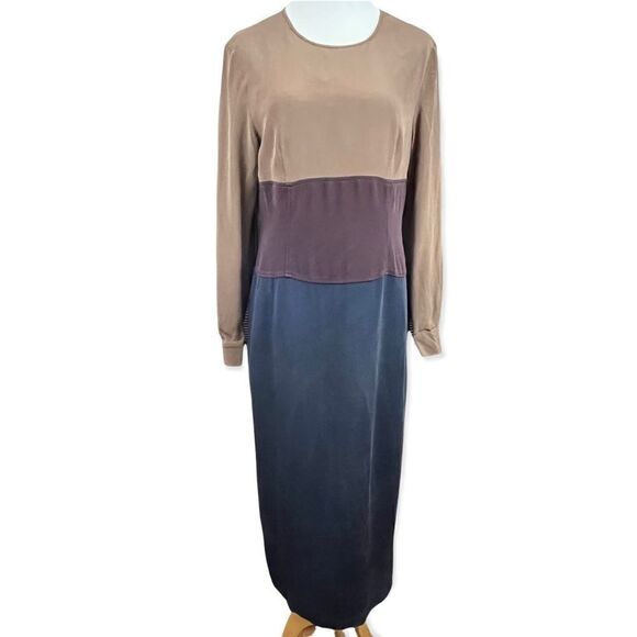 Vintage 90’s Pat Argenti Silk Neutral Colorblock Midi Dress M - Picture 3 of 8
